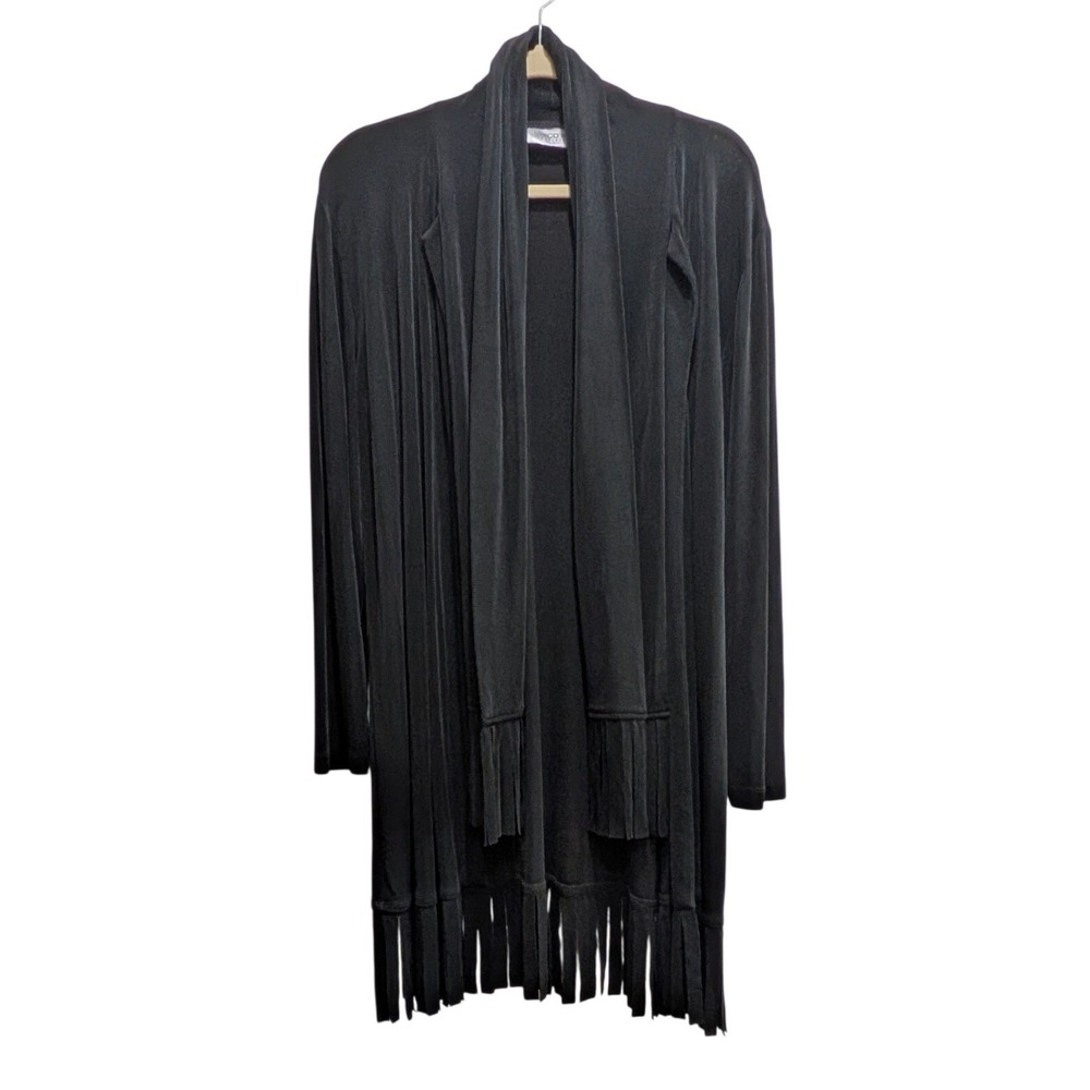 Chicos Travelers Open Front Cardigan Size Large 2 Black Fringe Long Line Layer